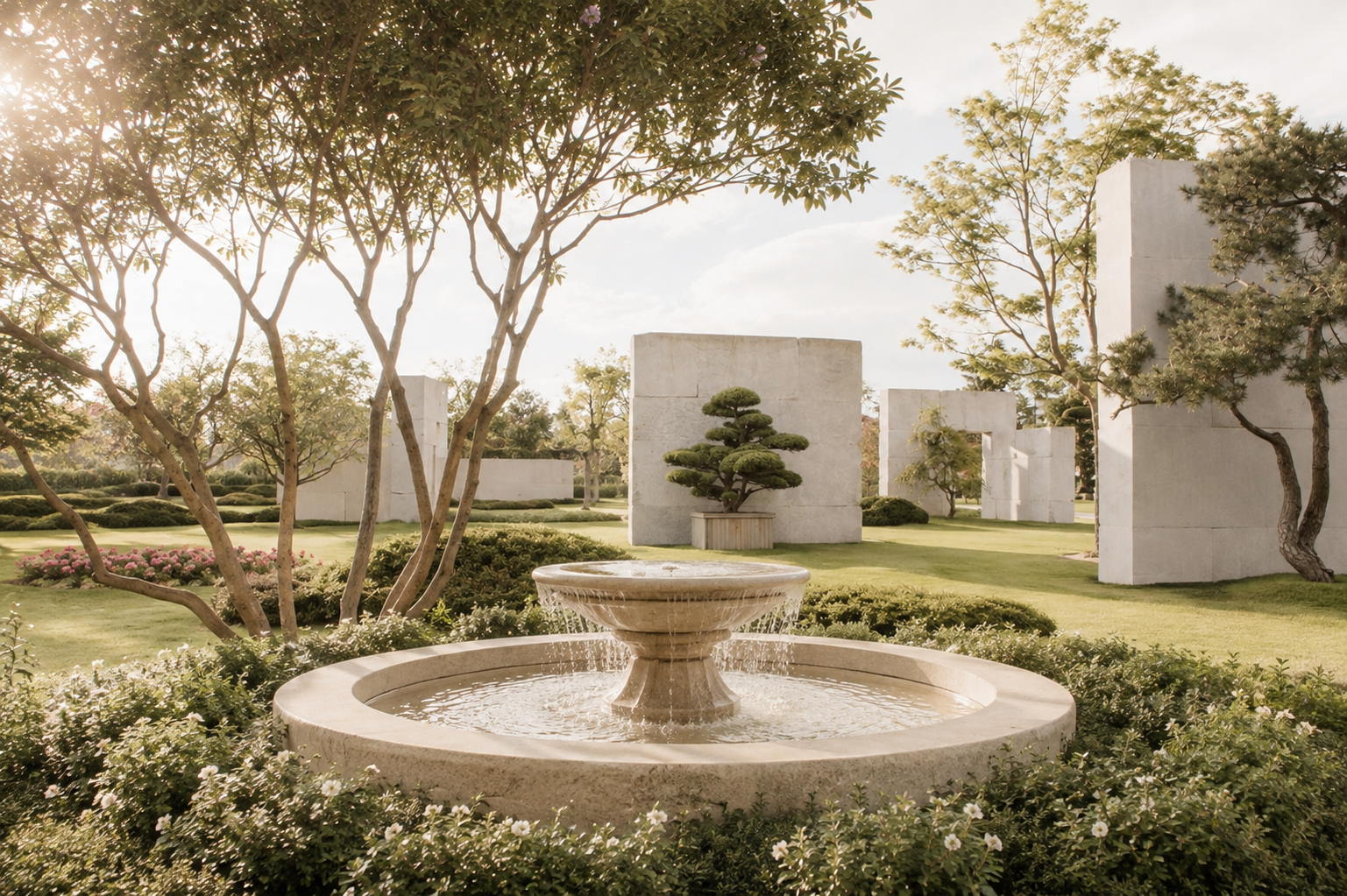 Ein ruhiger Garten mit Brunnen im Vordergrund, umgeben von gepflegten Büschen, Blumenteppichen und mehreren Bäumen, mit hellen modernen Steinplatten und Skulpturen im Hintergrund. Das Sonnenlicht strahlt durch die Blätter, erzeugt eine friedliche Atmosphäre.