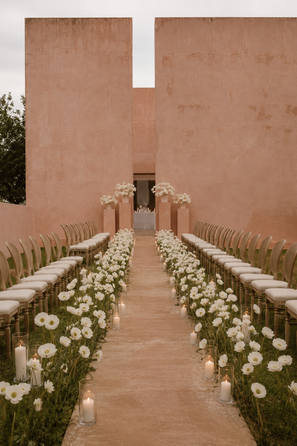 Eine zeremonielle Freiluftveranstaltung mit einem Mittelgang, flankiert von weißen Blumen und Kerzen, vor einer modernen pinken Architektur.