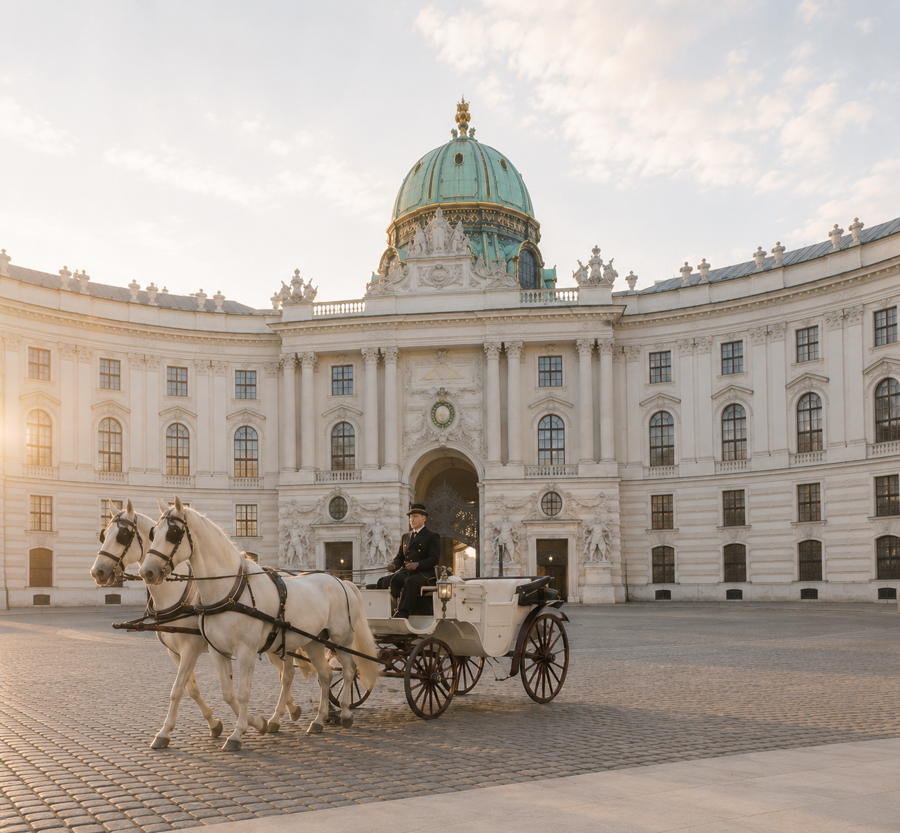 Ein Pferdegespann mit Fahrer vor einem barocken Palazzo bei Sonnenaufgang.