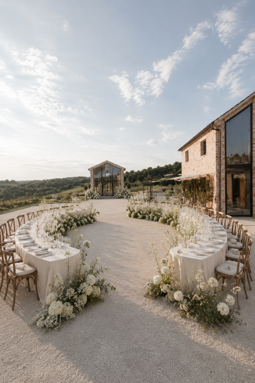 Ein festlich gedeckter, ovaler Esstisch im Freien, umgeben von Stühlen, mit weißen Tischdecken, Gläsern und Besteck, sowie weißen Blumenarrangements, auf einer offenen, sandigen Fläche mit Blick auf eine ländliche Landschaft und einem modernen Glasgebäude im Hintergrund.