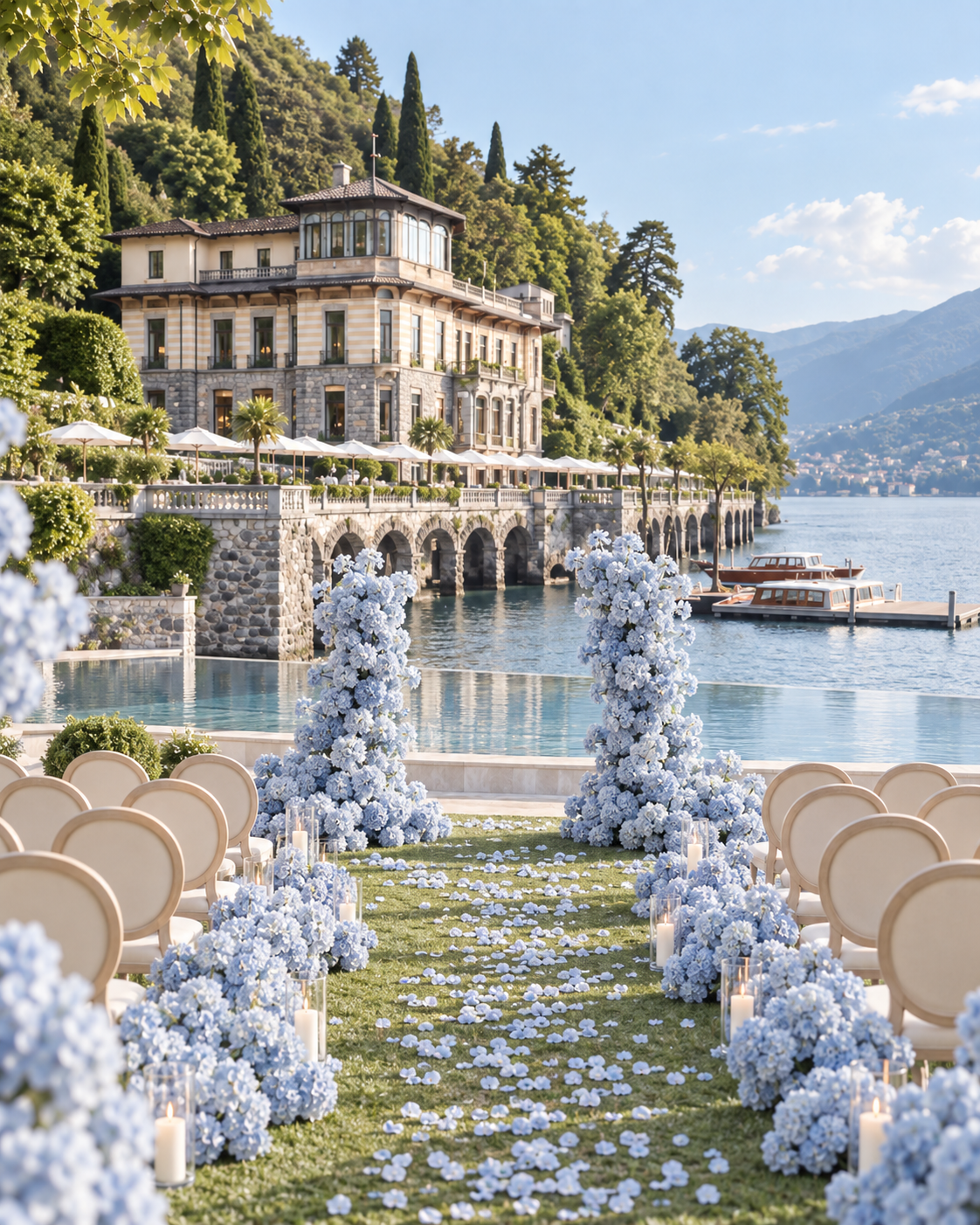 Ein romantischer Hochzeitsgarten mit weißen Blumen, Kerzen und Stühlen am Seearm von einem luxuriösen Hotel am Wasser, mit Bootsstegen und Bergen im Hintergrund.