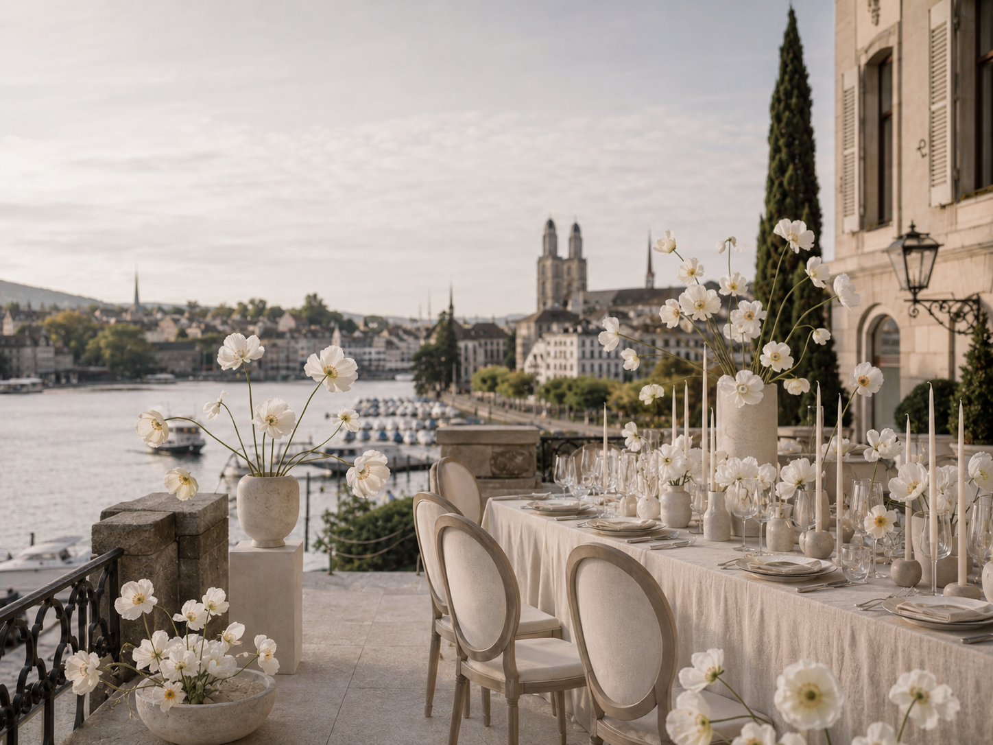 Eleganter Tisch im Freien am Wasser mit weißen Blumen und Kerzen, Blick auf eine Stadt mit Kirchen und Booten auf dem Fluss bei Sonnenuntergang.