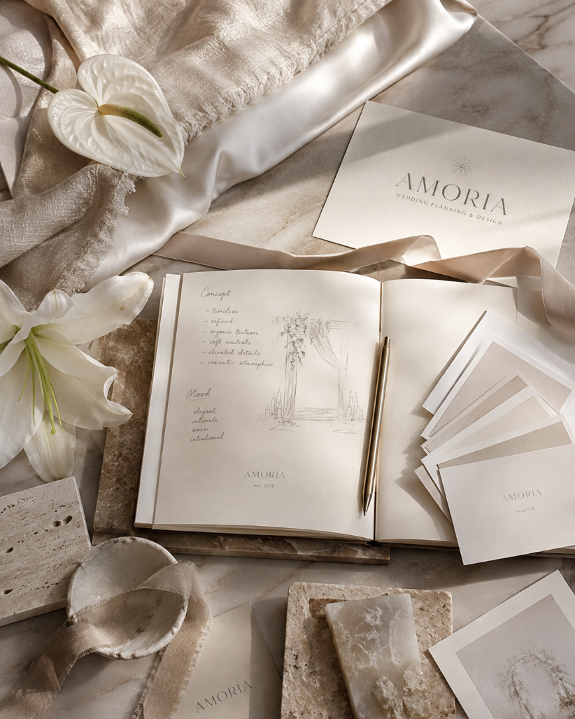 Hochzeitsplanungs- und Designmaterialien, inklusive eine Broschüre mit dem Titel 'Amoria', Farbfächer, Notizbuch mit Skizzen und Notizen, weiße Lilie, champagnerfarbene Stoffe, Marmor- und Steinproben auf einem eleganten Tisch.