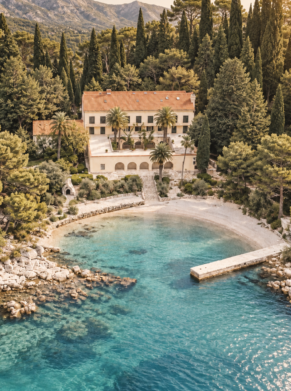 Ein großes, historisches Gebäude mit rotem Ziegeldach, umgeben von Palmen und hohen Kiefern, an einem kleinen, geschwungenen Strand mit ruhigem, klarem Wasser.