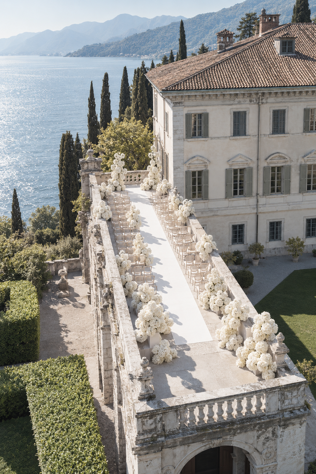 Ein Terrasse mit weißen Blumenarrangements und Stühlen, vor einem historischen weißen Gebäude am Wasser in einer bergigen Landschaft.