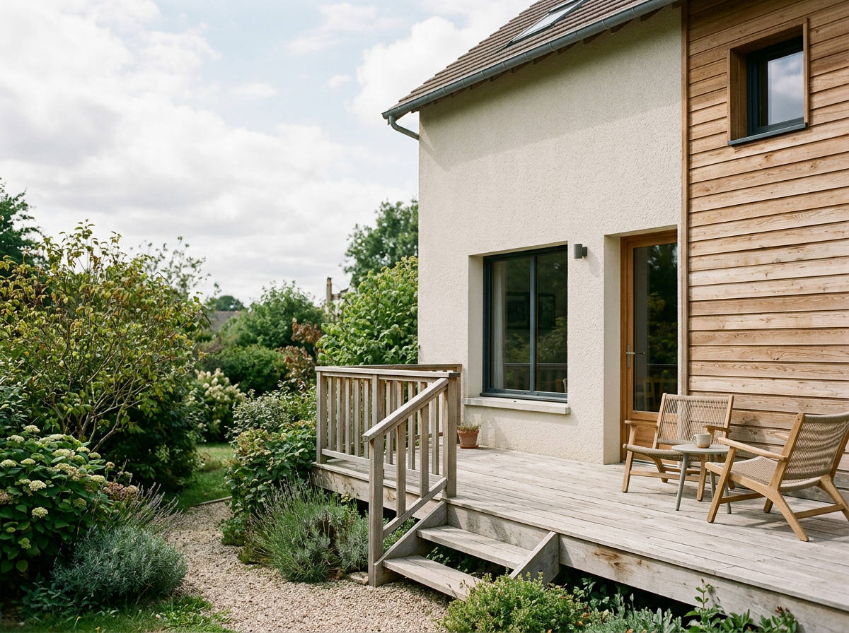 Terrasse en bois avec deux chaises en bois et un mug, maison moderne avec murs en pierre et en bois, jardin verdoyant, ciel partiellement nuageux.