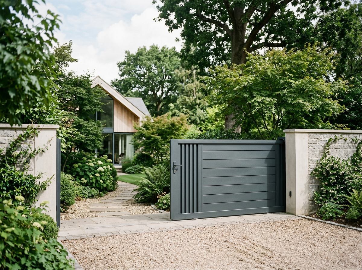 Entrée d'un jardin avec mur en pierre, porte automatique en métal gris, sentier en pierre menant à une maison en bois entourée de nombreux arbres et arbustes verdoyants.