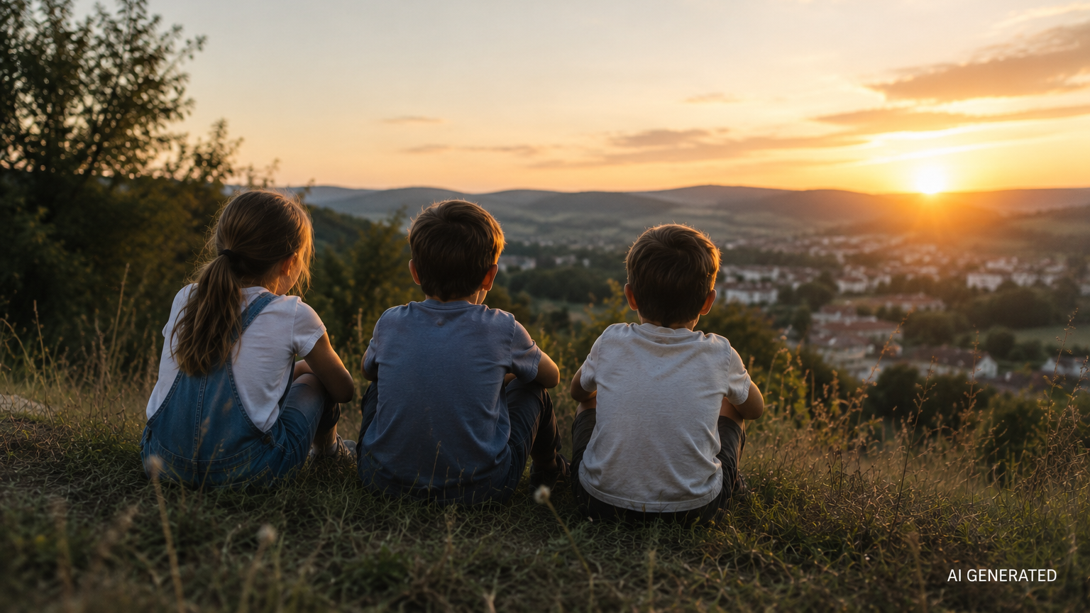 Drei Kinder sitzen am Hügel und schauen den Sonnenuntergang über einer Landschaft mit Häusern und Bäumen an.