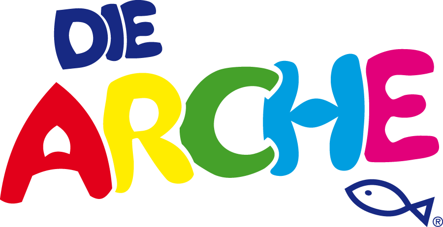 Bunt geschriebenes Logo mit den Worten "Die Arche" und einem kleinen Fischsymbol.
