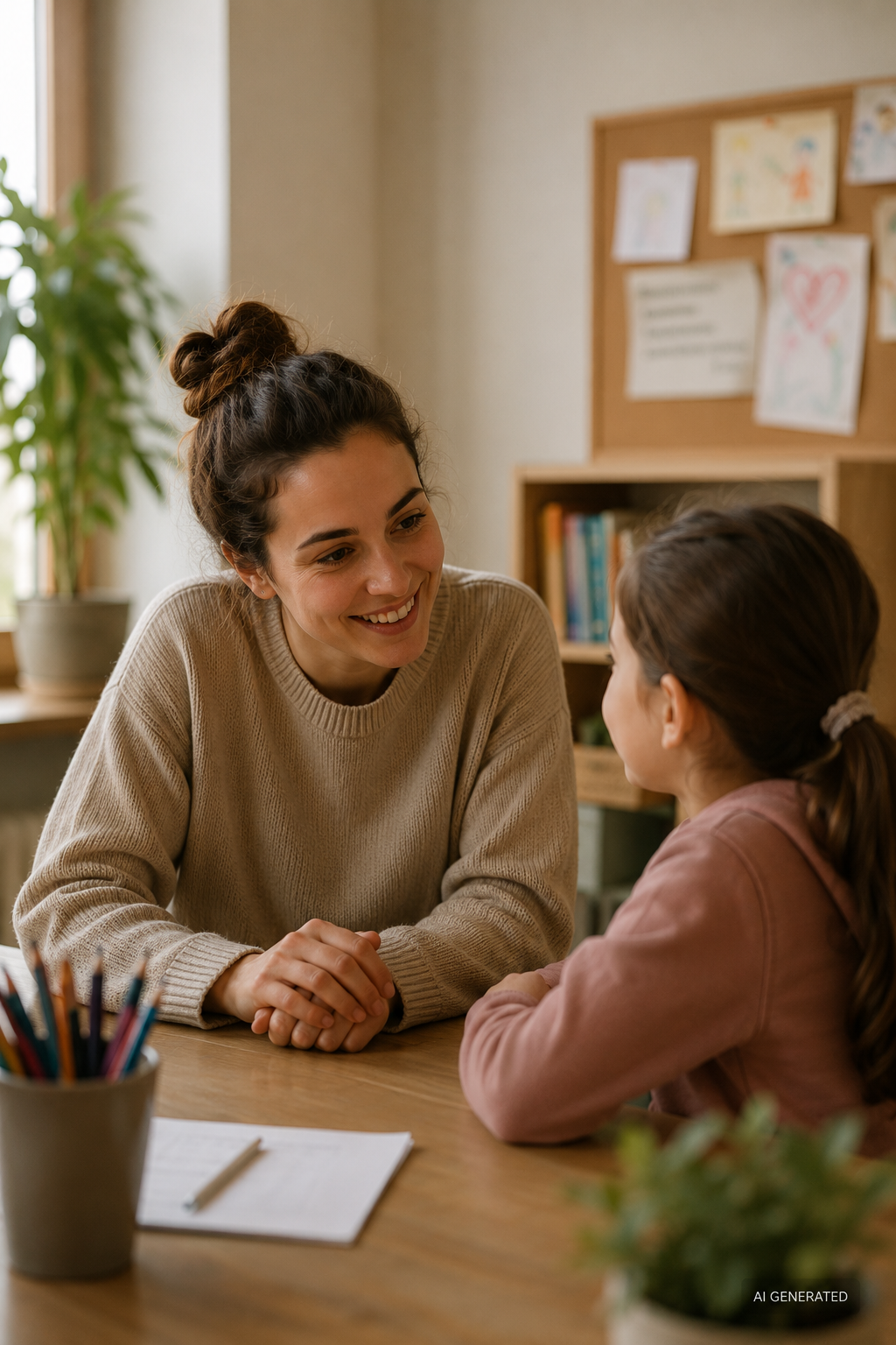 Eine Frau spricht mit einem Kind in einem Klassenzimmer oder Lernraum, es gibt einen Tisch mit Stiften und Papier, im Hintergrund eine Pinnwand mit Zeichnungen und Büchern.