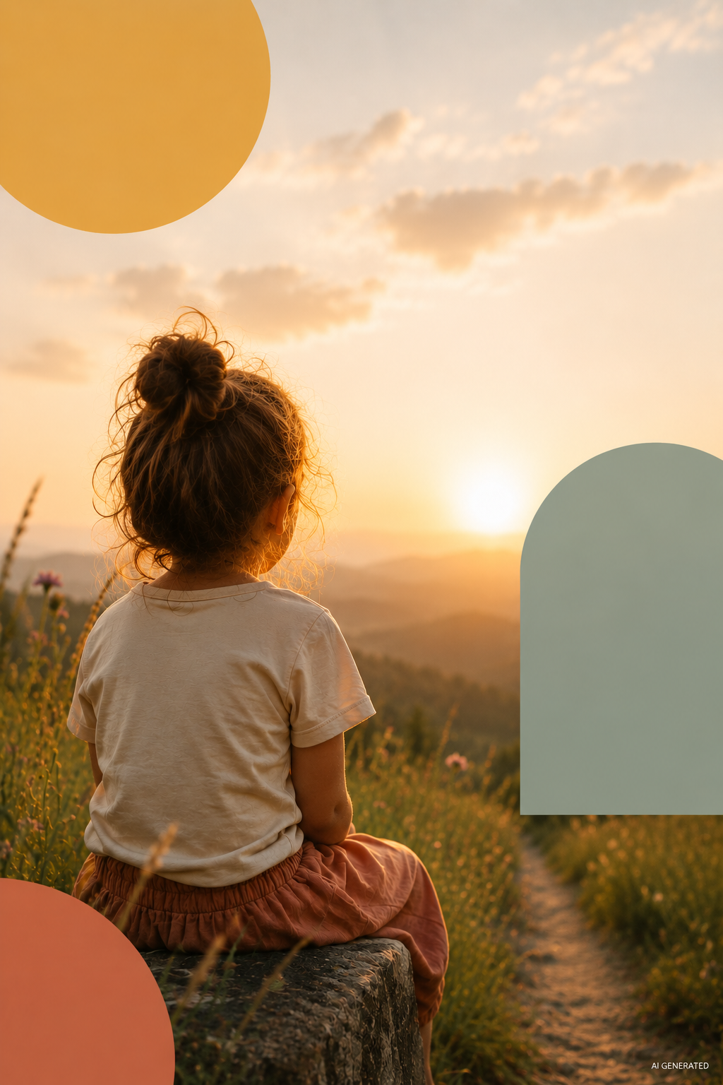 Ein junges Mädchen sitzt auf einem Stein und schaut beim Sonnenuntergang auf eine ländliche Landschaft mit Feldern und Bäumen im Hintergrund.