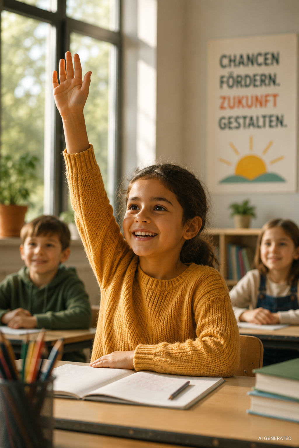 Schülerin in der Klasse hebt die Hand, um eine Frage zu stellen, während ihre Klassenkameraden aufmerksam zuhören.
