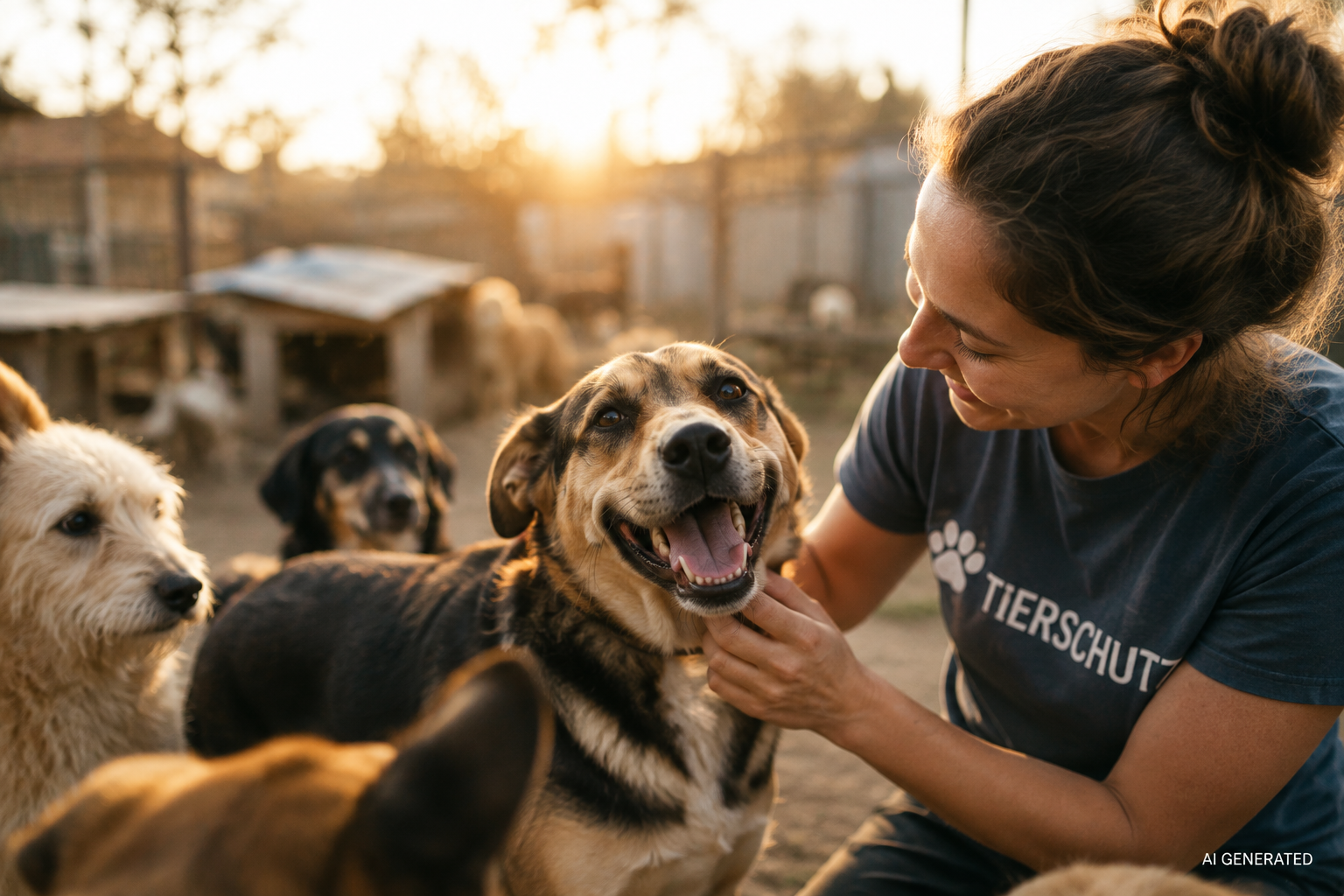 Frau streichelt fröhlichen Hund auf Hundetagesstätte bei Sonnenuntergang, im Hintergrund andere Hunde.