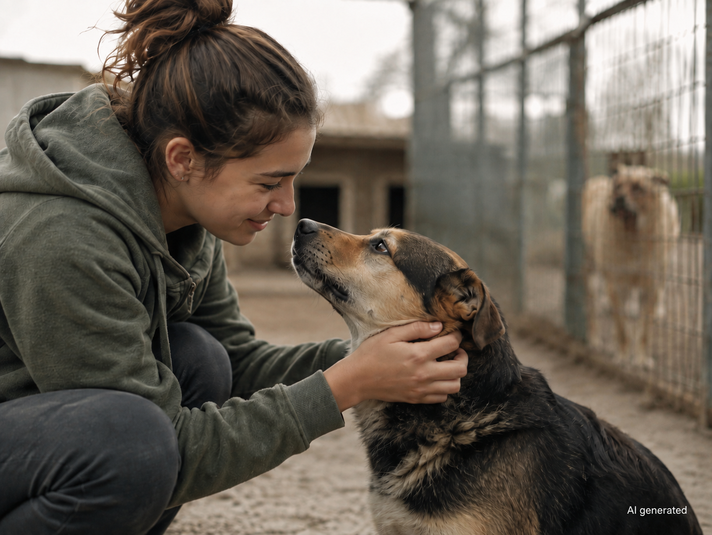 Ein Mädchen mit braunem Haar, das in einem grauen Pullover gekniet ist, streichelt einen großen Hund, der den Kopf hochhebt und in ihre Augen blickt, vor einem Gitterzaun auf einem Tiergehege.
