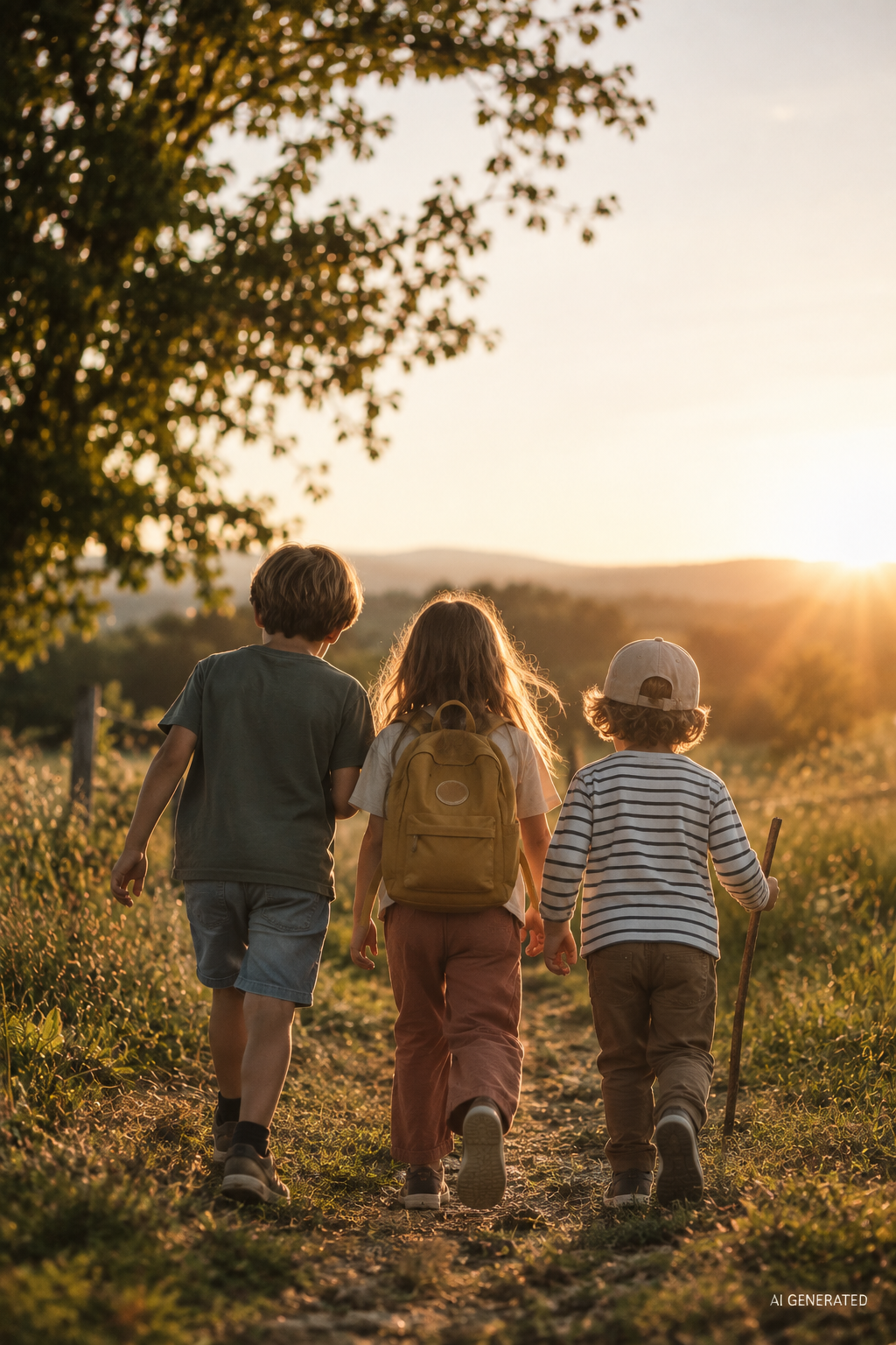 Drei Kinder gehen Hand in Hand auf einem Feldweg beim Sonnenuntergang. Eines trägt einen Rucksack und das andere einen Spazierstock.