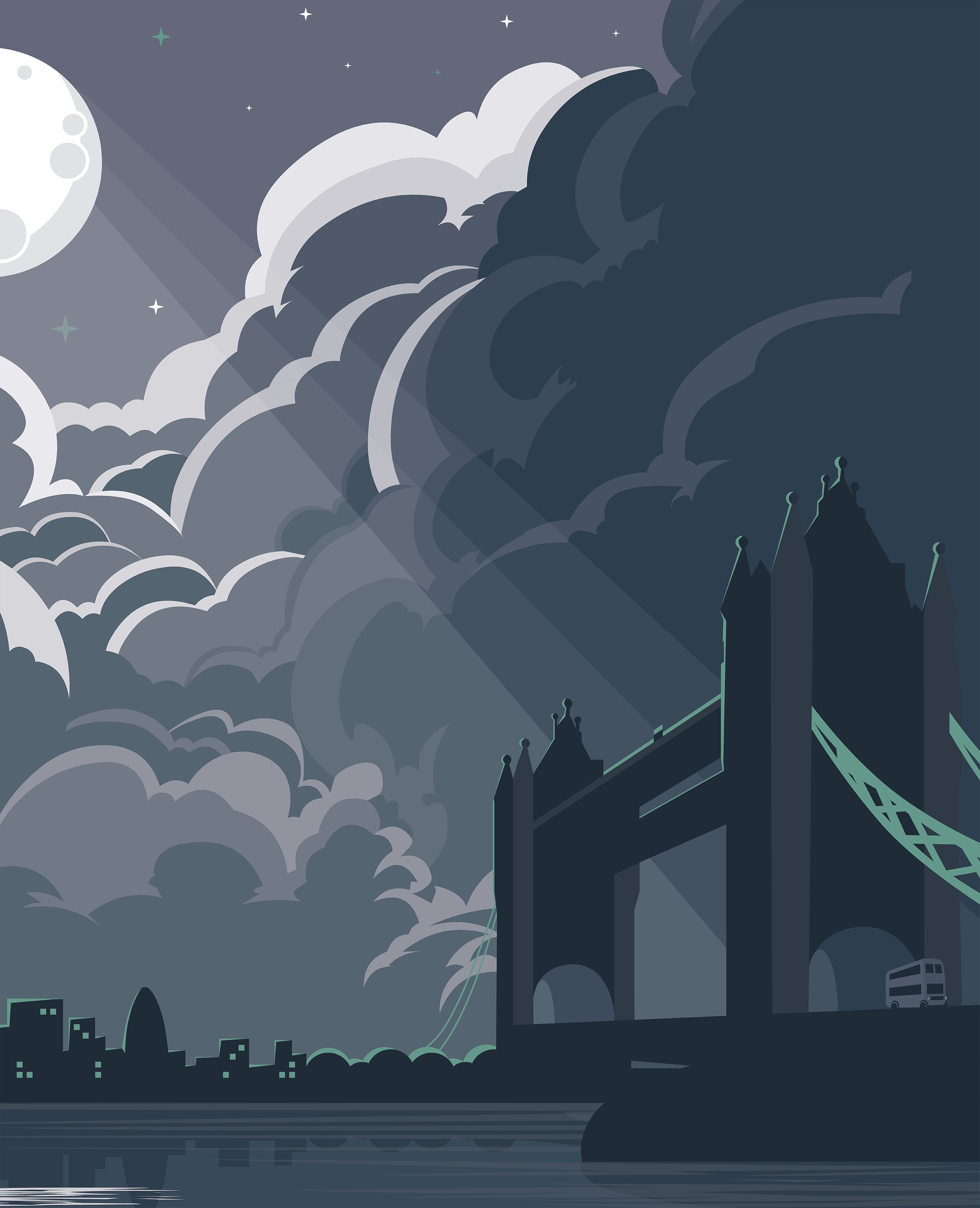 Illustration of cloudy sky across the Thames, with Tower bridge prominently featured in the skyline