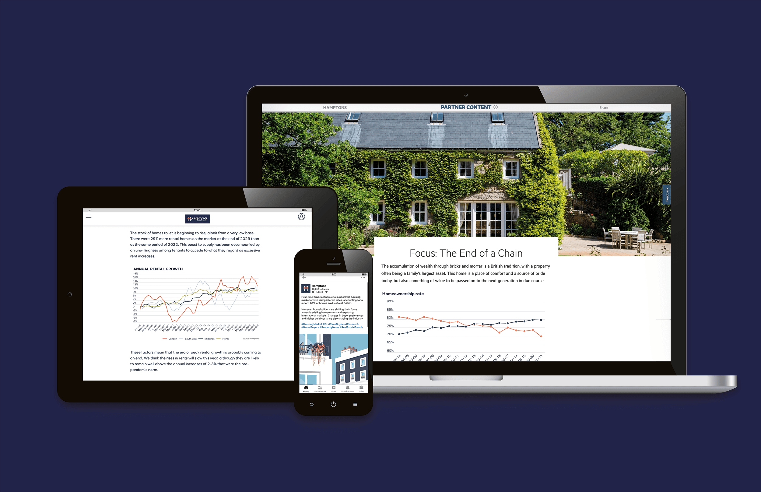 Three digital items – social media post, animated graph and PR release