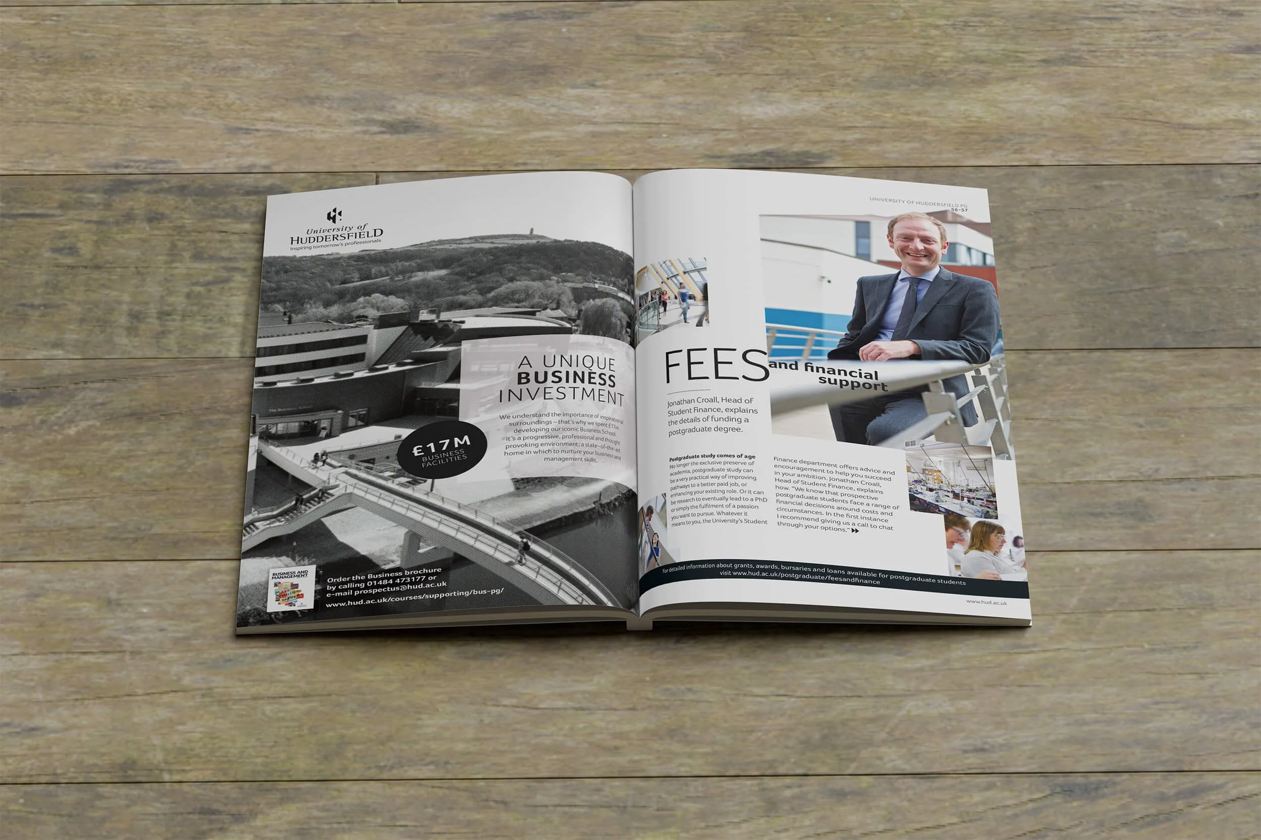 A double page spread featuring an advert for the Business Department and the start of the Fees section