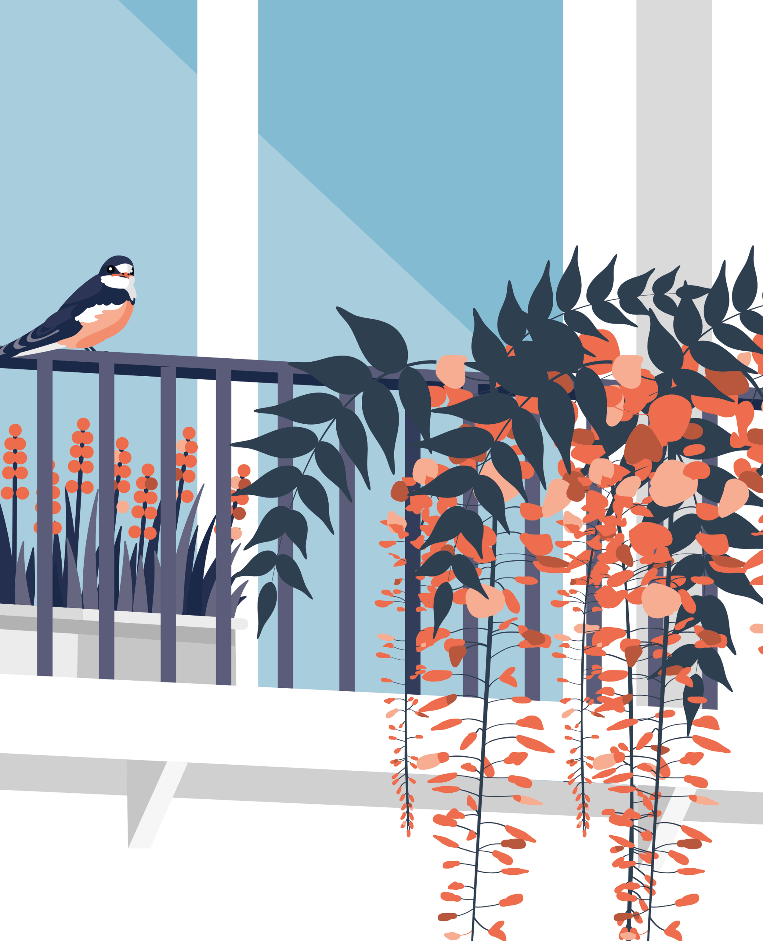 Illustration of bird sitting on balcony