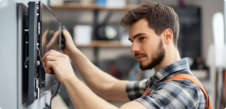 Technician mounting a TV