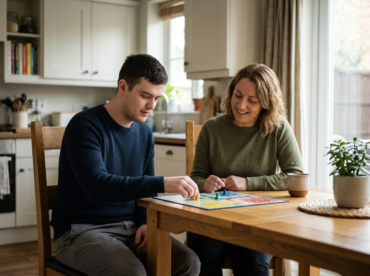 A young man and woman play a board game at a wooden dining table in a bright kitchen.