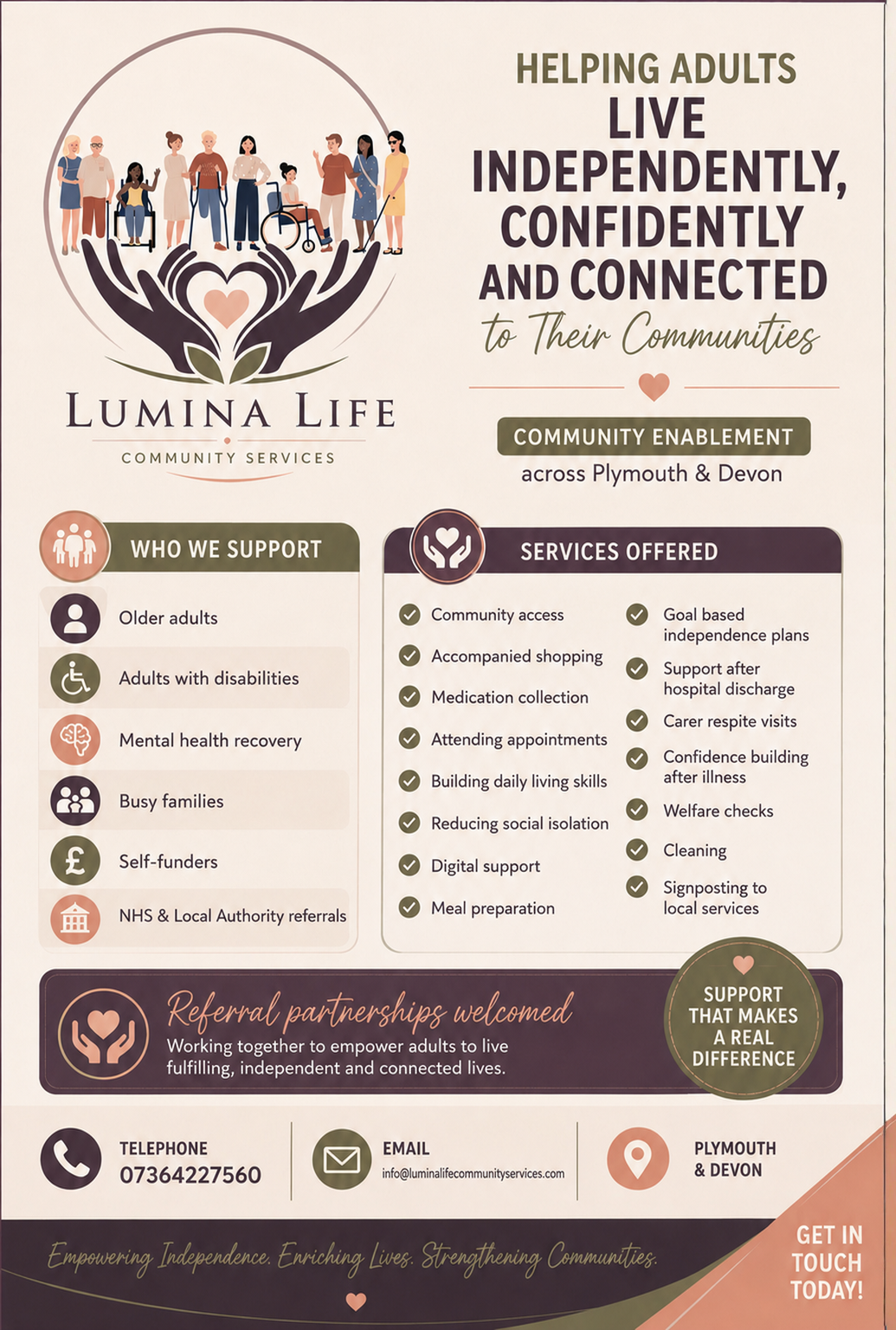 A community services poster for Lumina Life, showing diverse adults including seniors, a person with disabilities, and families, with icons and a list of support services such as community access, shopping, medication, appointments, social skills, and more. It highlights empowering adults to live independently and connected in Plymouth and Devon.