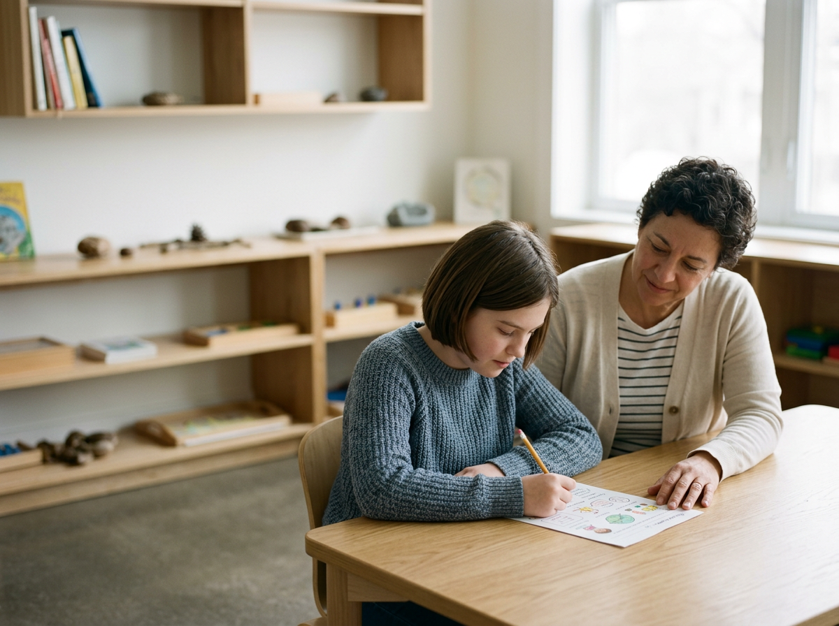 A young girl and an older woman sitting at a wooden table, working on a coloring or worksheet together in a bright room with large windows and wooden shelves.