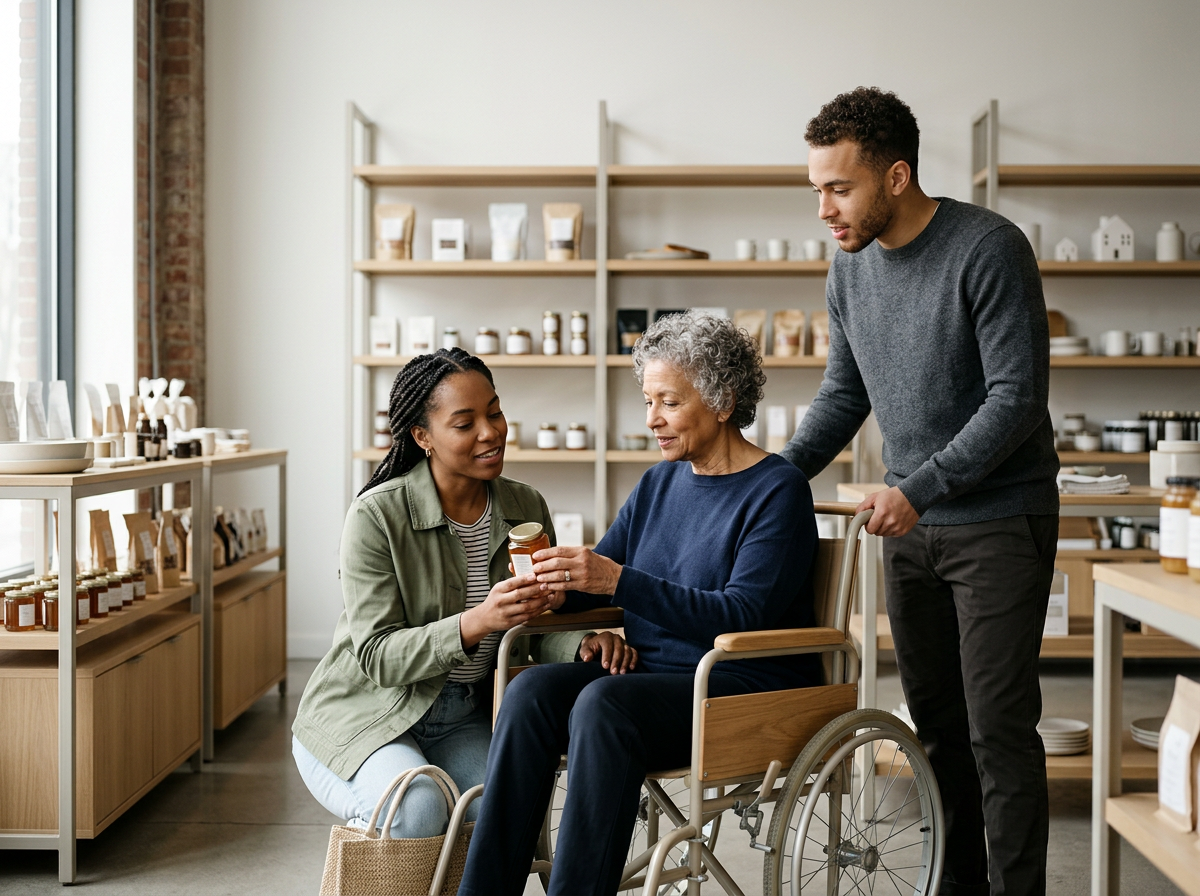 An elderly woman in a wheelchair is being assisted by a young woman and a young man in a store. They are examining a container of herbal supplements or vitamins.