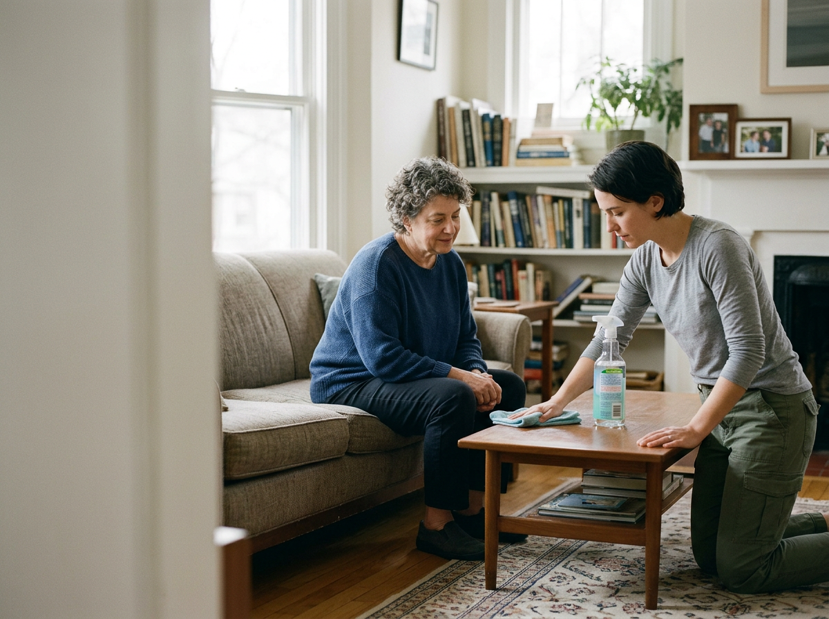 A young woman cleaning a coffee table with disinfectant spray and a cloth, while an elderly woman sits on a couch in a living room with a bookshelf, framed pictures, and windows in the background.