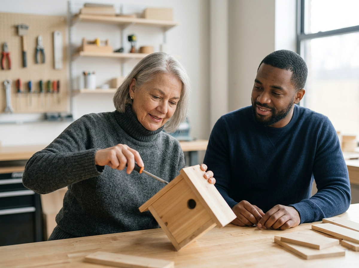 An elderly woman and a young man working together on building a wooden birdhouse in a workshop.
