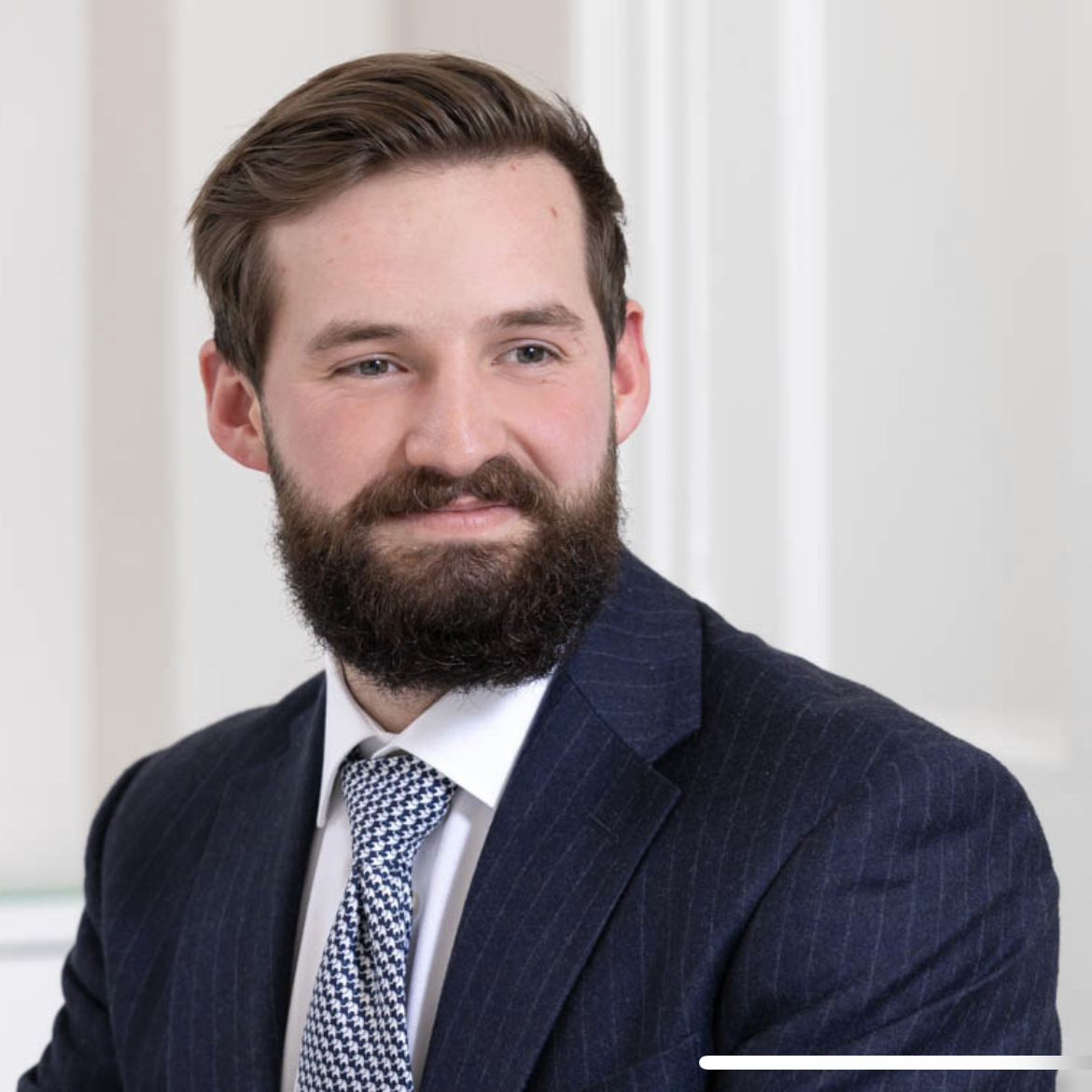A man with a beard and mustache wearing a navy blue pinstripe suit, white shirt, and patterned tie, looking slightly to the side, in an indoor setting.