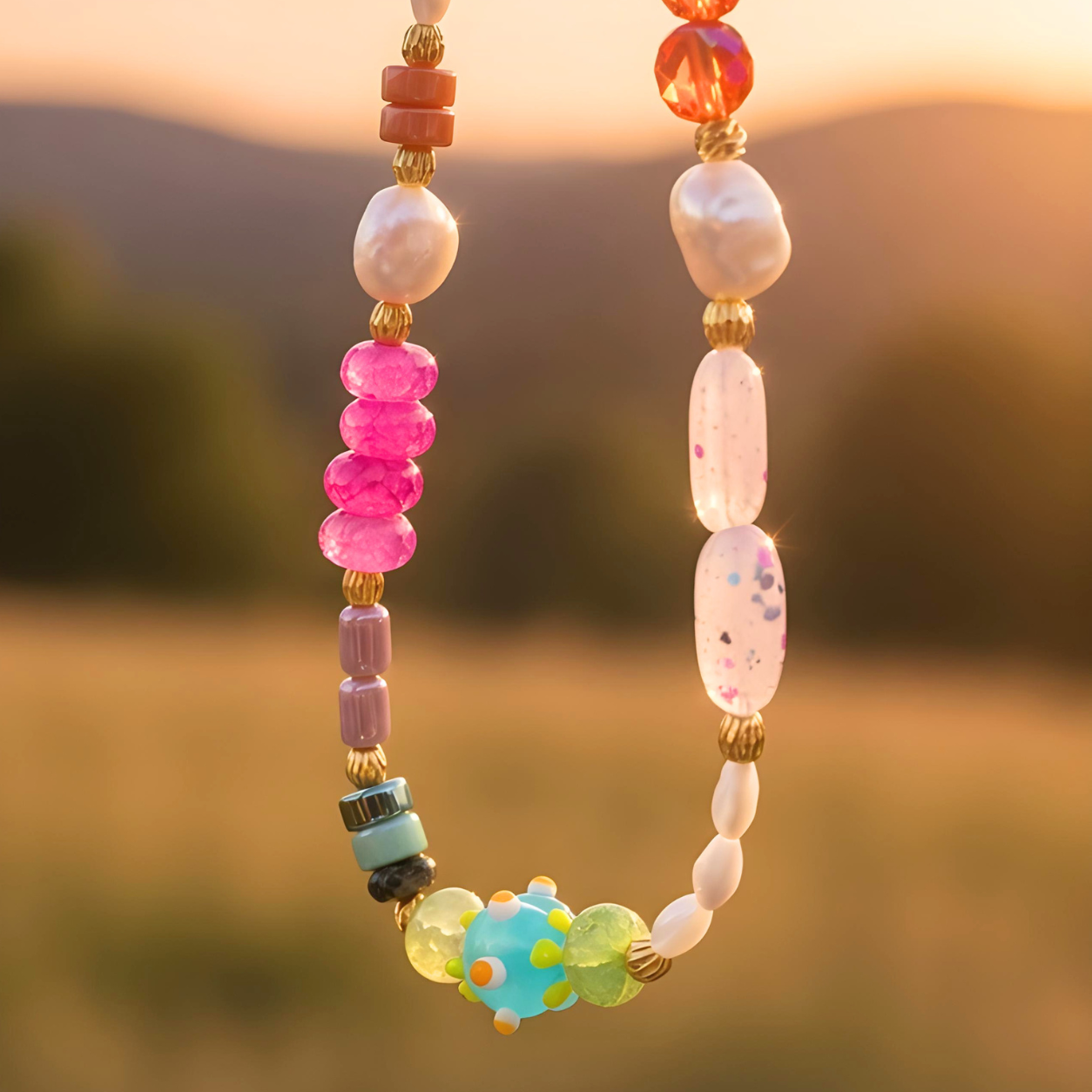 Beaded necklace against against a sunset backdrop
