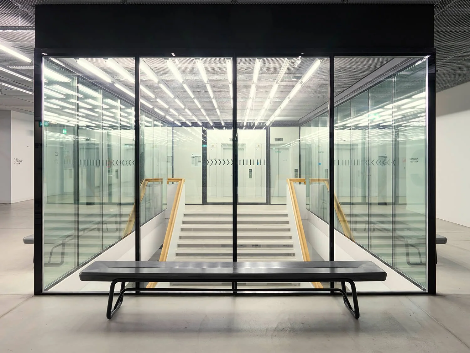 Innenaufnahme einer modernen Treppe mit Glaswänden, Stufen und Holzhandläufen, beleuchtet mit vielen Leuchten an der Decke.