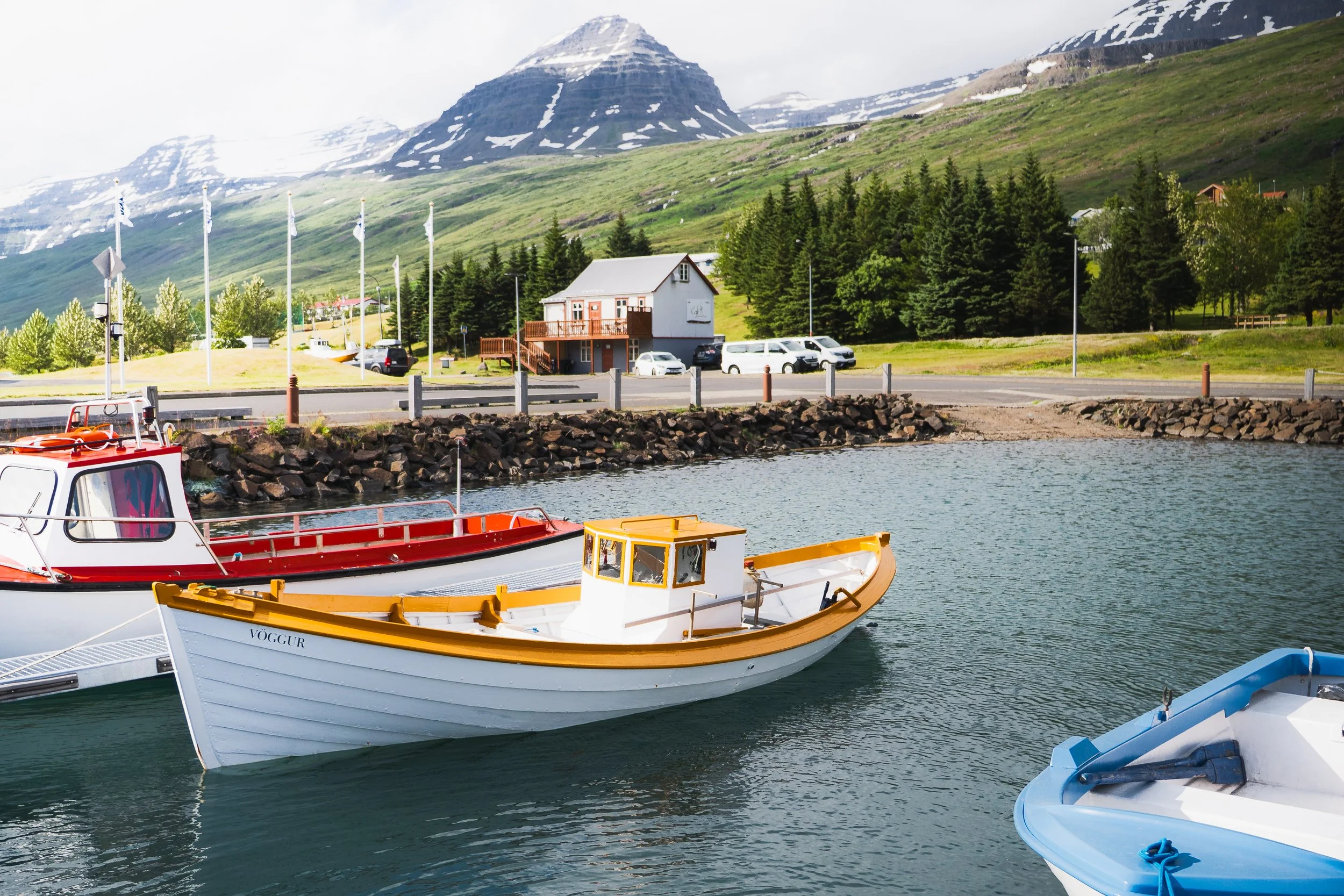 Boats docked in a harbor with a mountainous landscape in the background, green trees, a small building, and a parking lot.