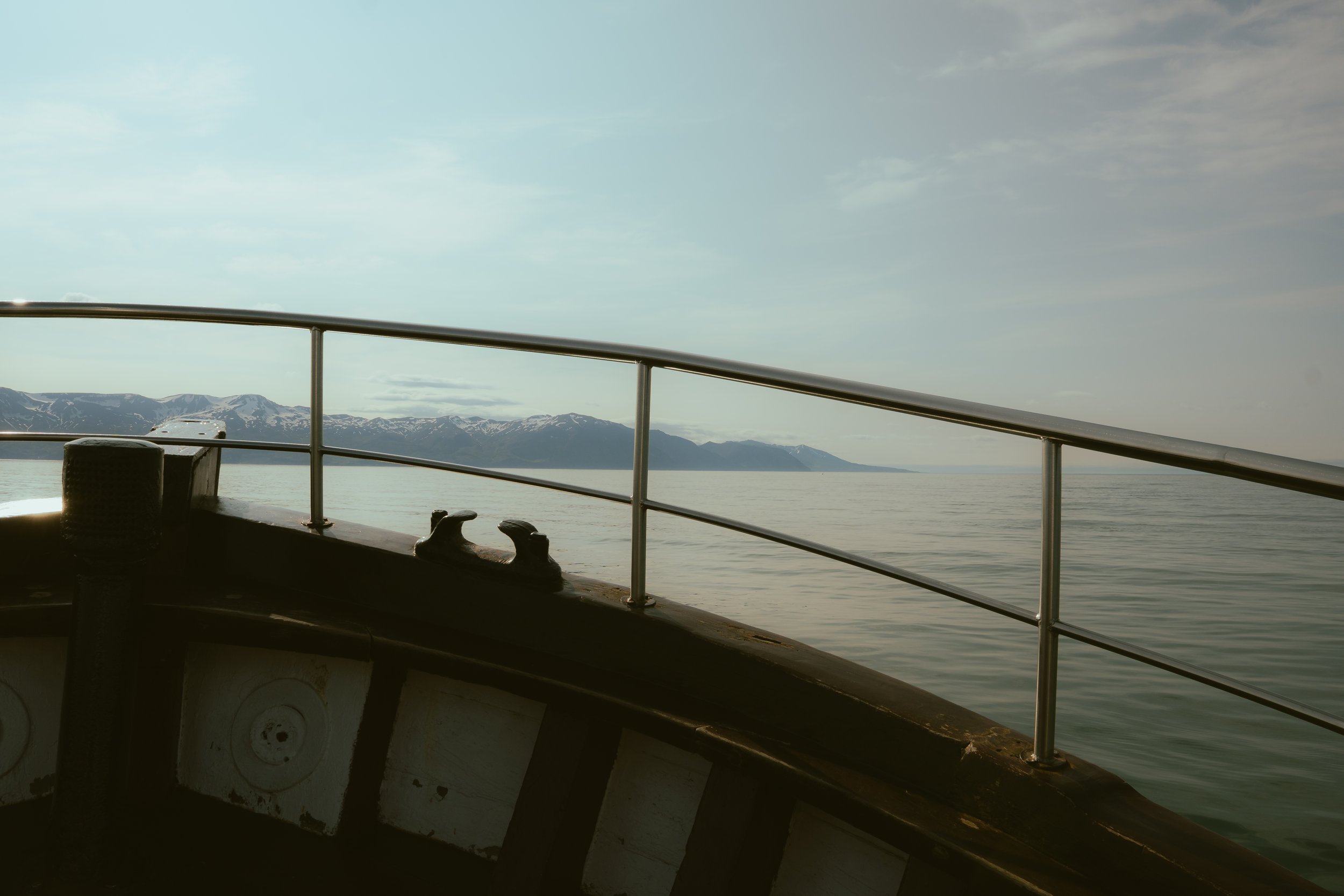 View from the deck of a boat showing a metal railing, a mountaineous landscape with snow-capped peaks in the background, and calm water at the forefront during daytime with cloudy skies.