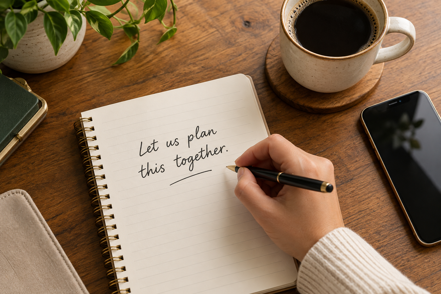woman writing in the notebook _lets plan this together