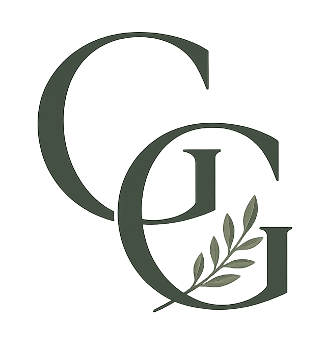 A logo with overlapping dark green letters G, C, and G, and a small olive branch with leaves.