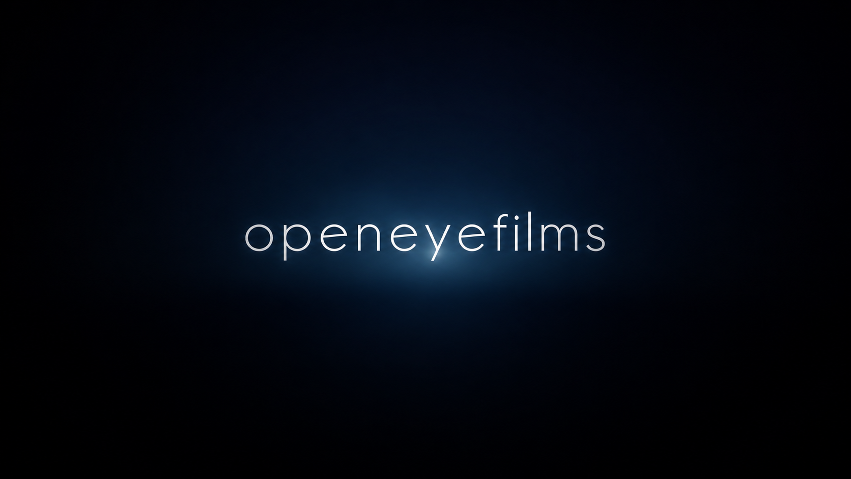 The opening slide for Openeeye Films showing a dark background with a blue glow in the center and white text that reads "openeeye films."