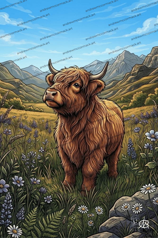 Highland Cow in Field - Art Print