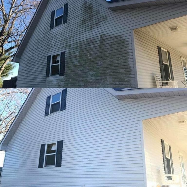 Comparison of a house's exterior siding before and after cleaning, showing dirty, moldy siding in the top section and clean, white siding in the bottom section.