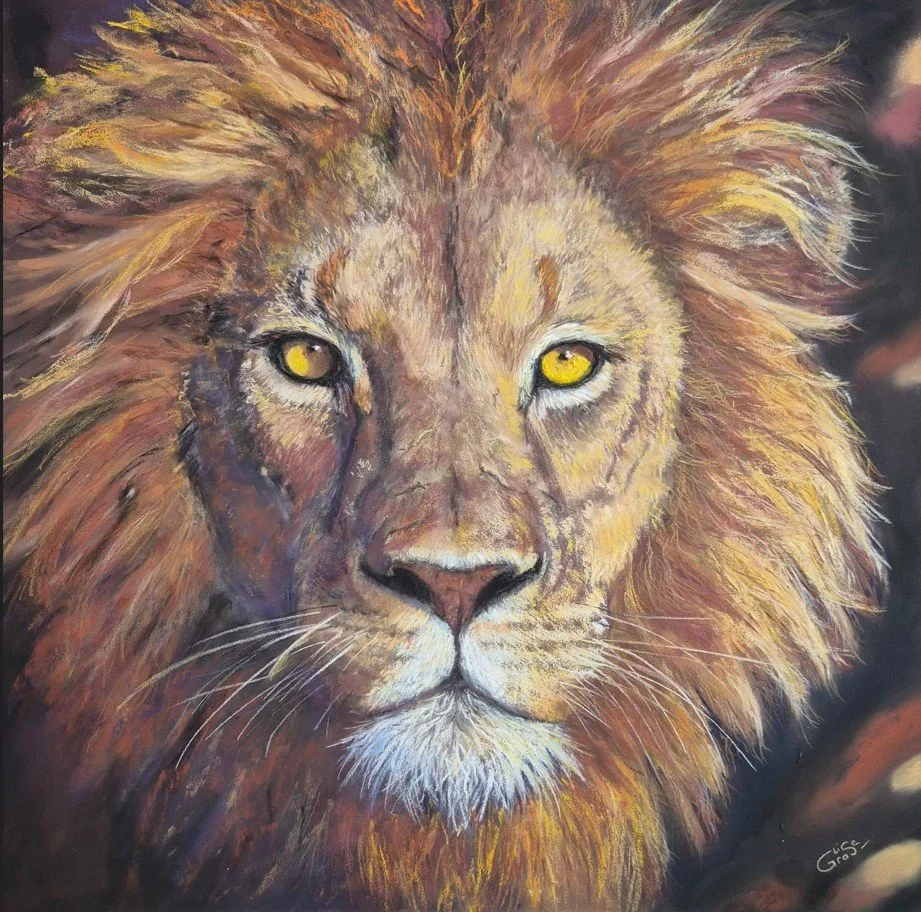 ▼
   Out of Africa, the Lion    

2026 
Pastel sec sur Pastelmat 
Format  avec cadre  64 x 64 cm 
(pastel brut sans cadre: 50 x 50 cm)  
 Cadre posé par un professionnel   avec fines baguettes en bois et passepartout,  
vitre anti-UV et anti-ref