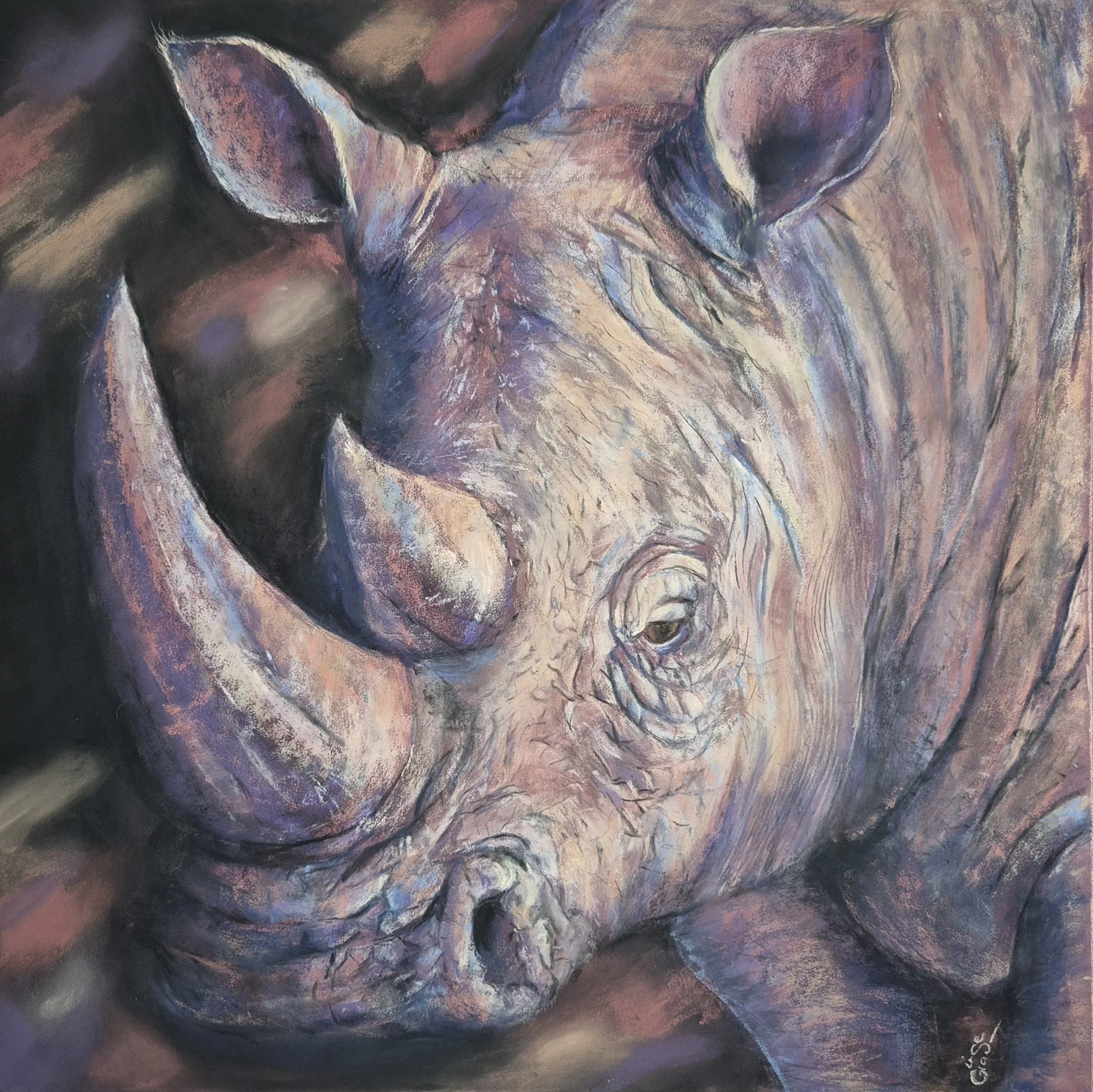▼
   Out of Africa, the Rhinoceros    

2025 
Pastel sec sur Pastelmat 
Format  avec cadre  64 x 64 cm 
(pastel brut sans cadre: 50 x 50 cm)  
 Cadre posé par un professionnel  avec fines baguettes en bois et passepartout,  
vitre anti-UV et ant
