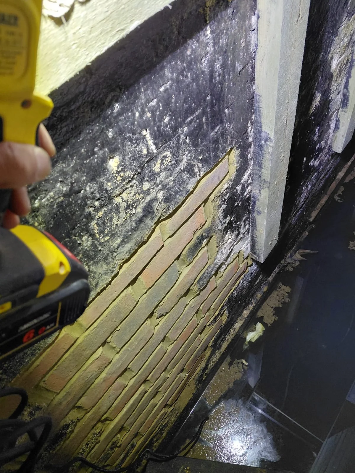 During: basement wall investigation with plaster removed to expose brick — Bexhill