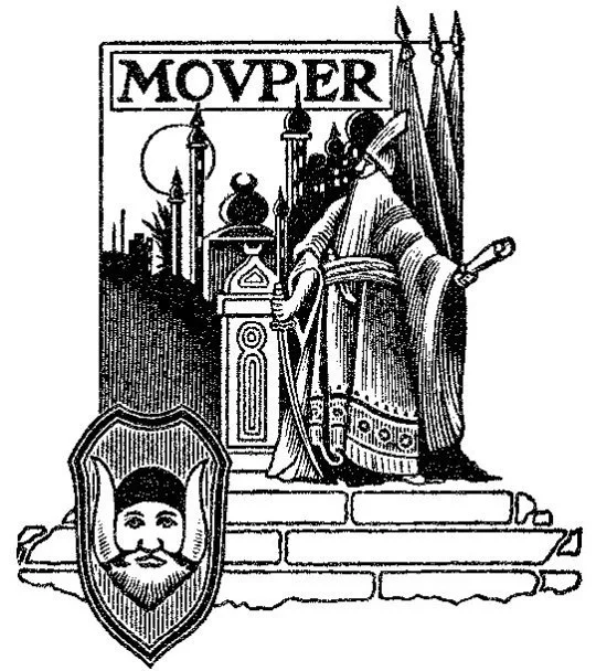 A black-and-white illustration of a king sitting on a throne, holding a sword and wearing a crown, with a cityscape and a moon in the background. The word "MOVPER" is written above him, and there is a shield with a bearded man's face in front of the throne.