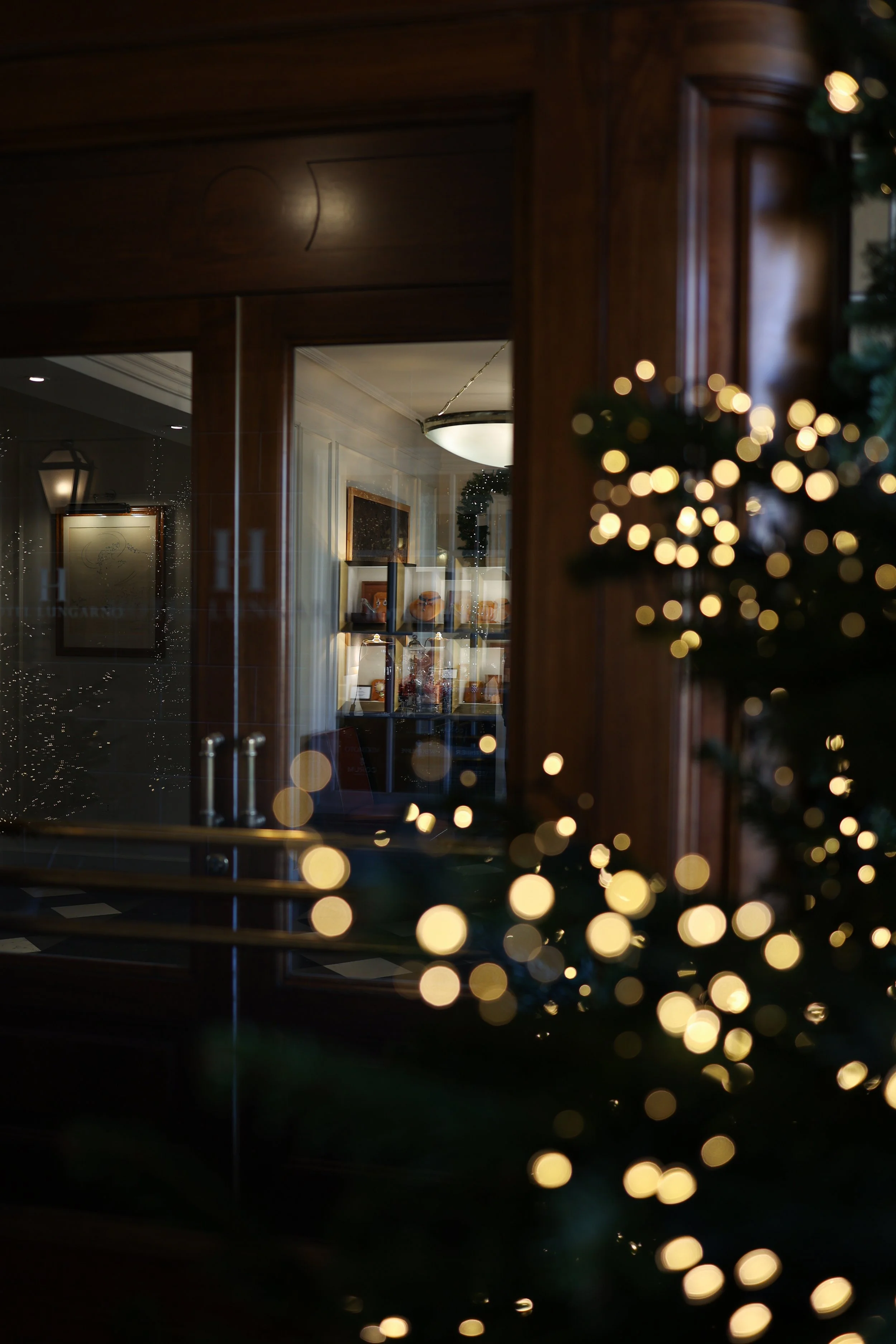 An indoor scene viewed through a reflective glass, showing Christmas lights and a decorated Christmas tree outside. The interior has a lamp, framed art, and display shelves.