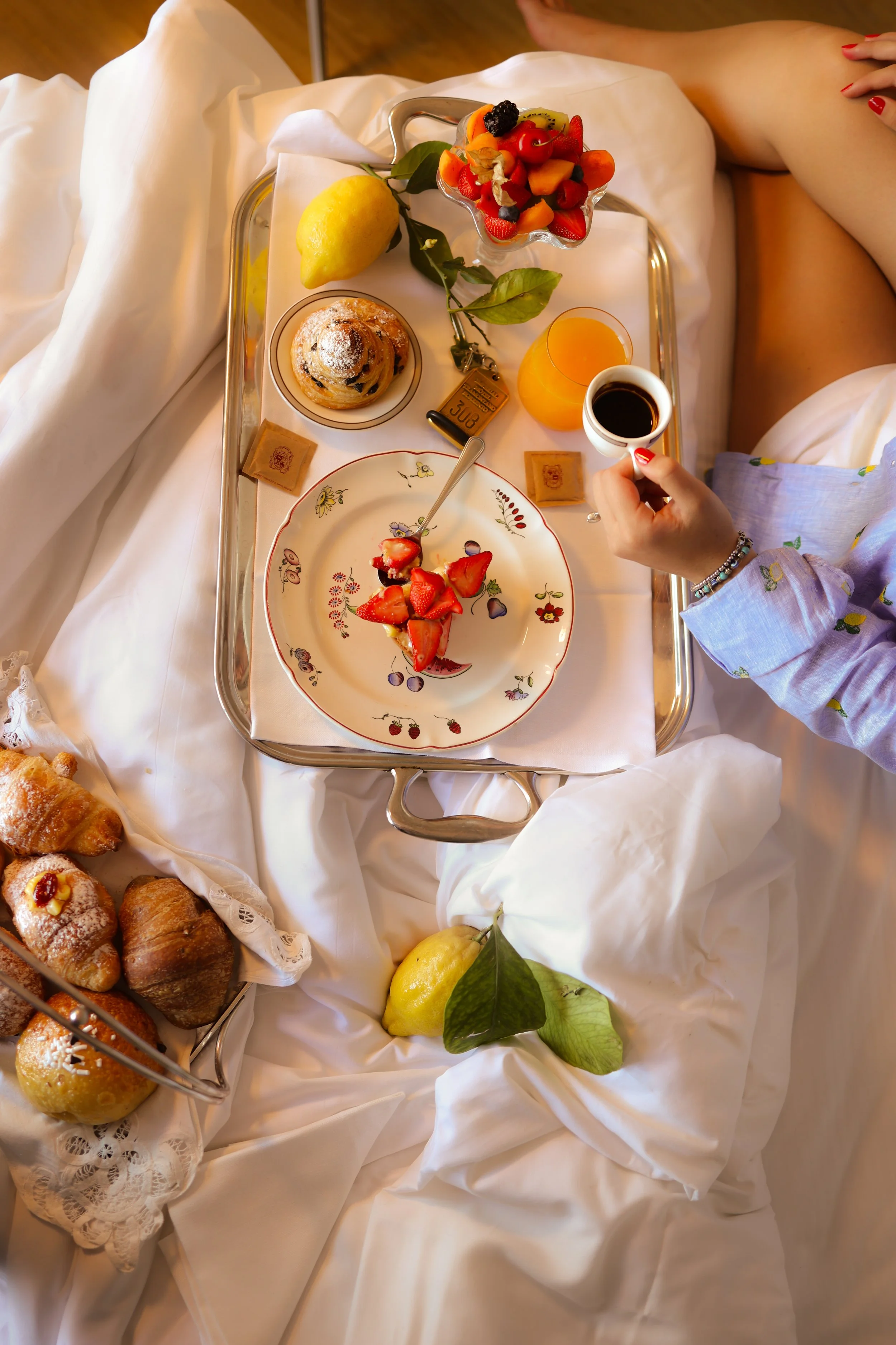 Hospitality photographer for Hotel Tramontano in Sorrento, photographing the Room Service along with breakfast, croissant, cakes and coffee 