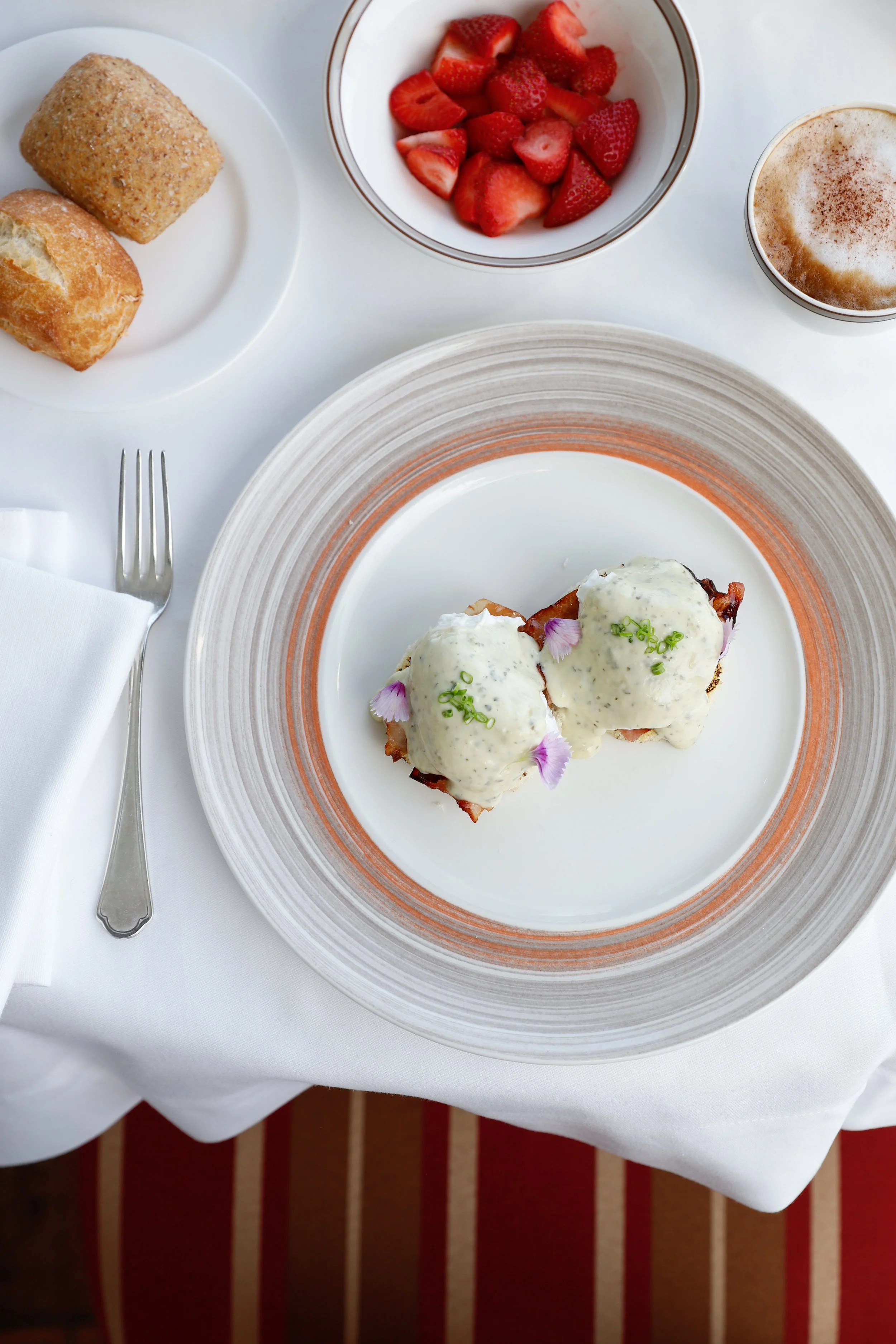 Hospitality photographer for Hotel Tramontano in Sorrento, photographing breakfast, eggs benedict, croissant, cakes and coffee 