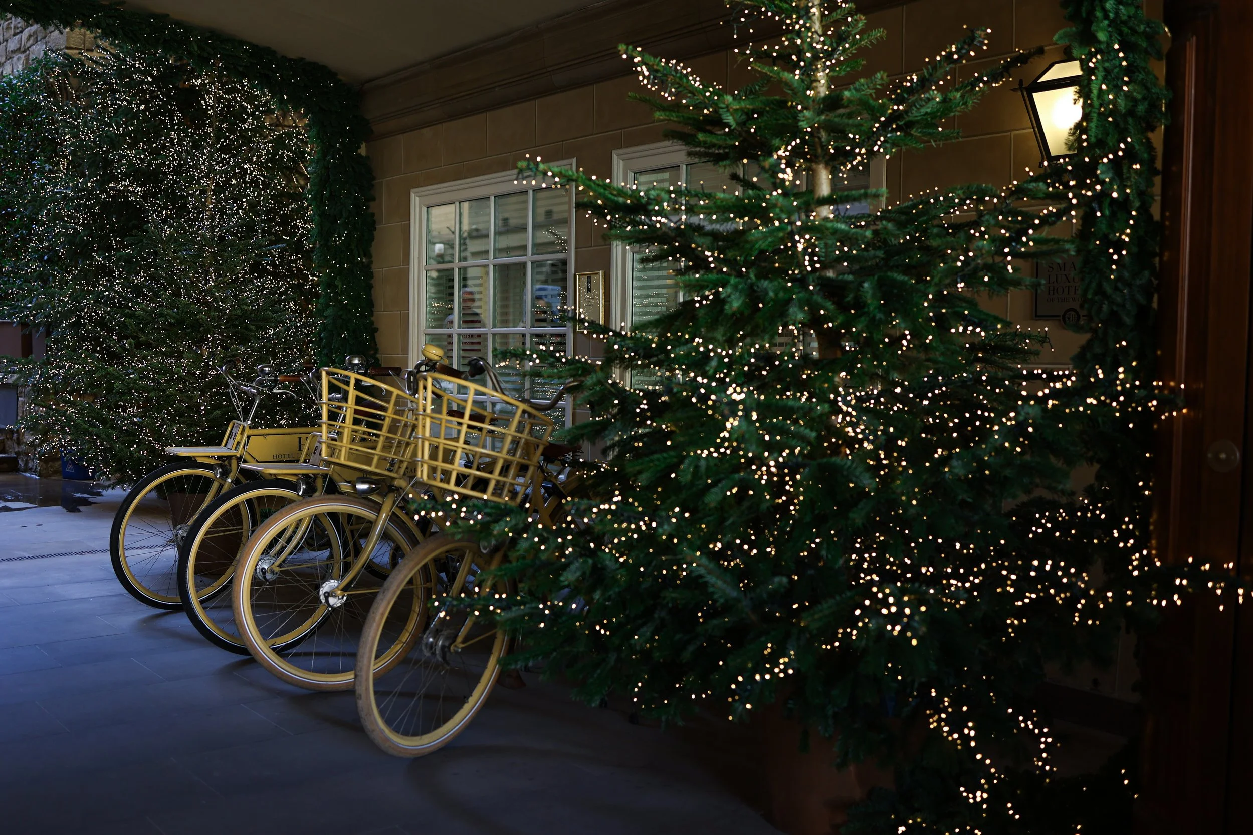 Decorated Christmas trees with twinkling lights, yellow bicycles with baskets parked nearby, and large windows with reflections, all inside a building with stone and wooden walls.