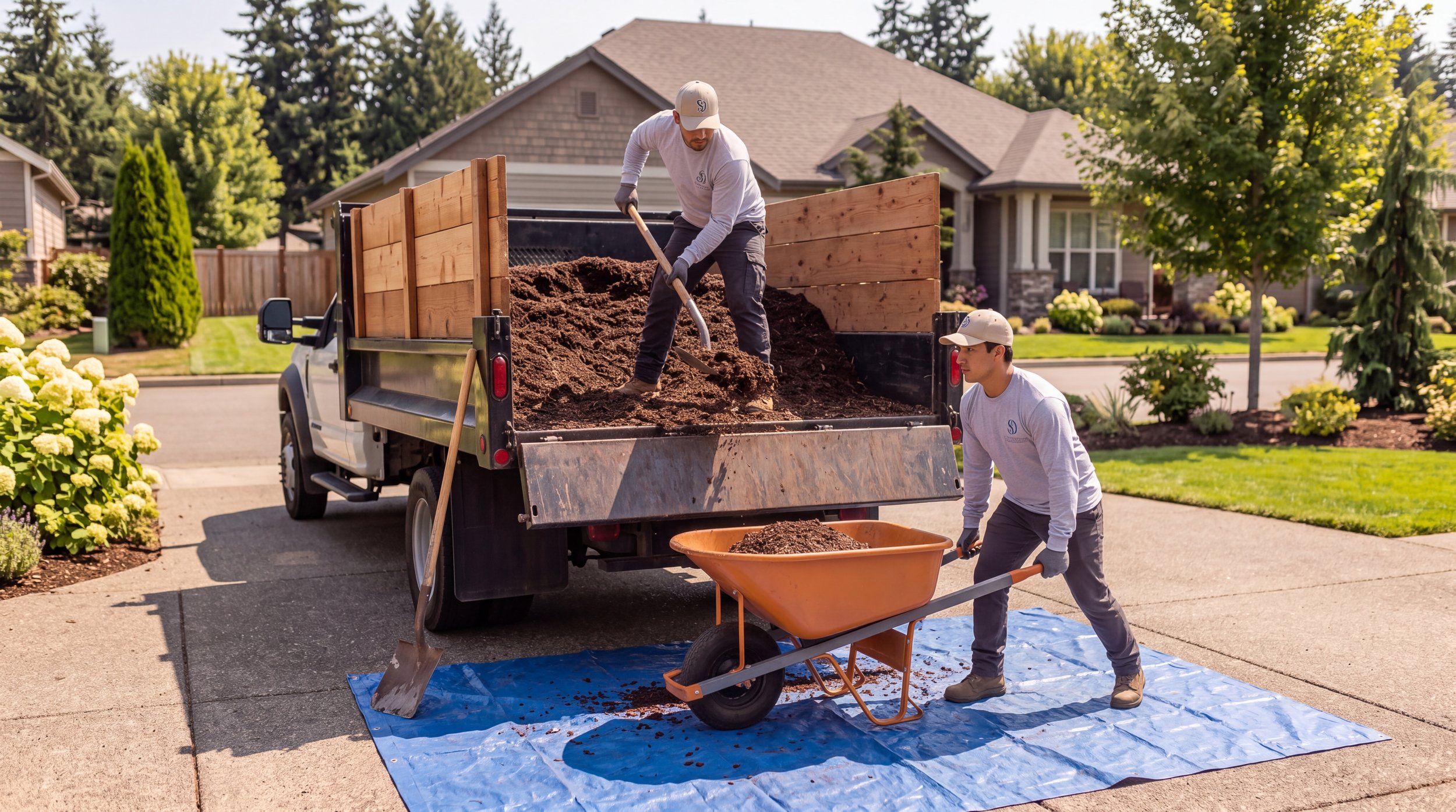 Two men are working in a residential front yard, shoveling and wheelbarrowing soil from a truck bed. They are wearing light-colored shirts and hats. The yard is landscaped with bushes, flowers, and trees, and a house with a sloped roof is visible in the background.