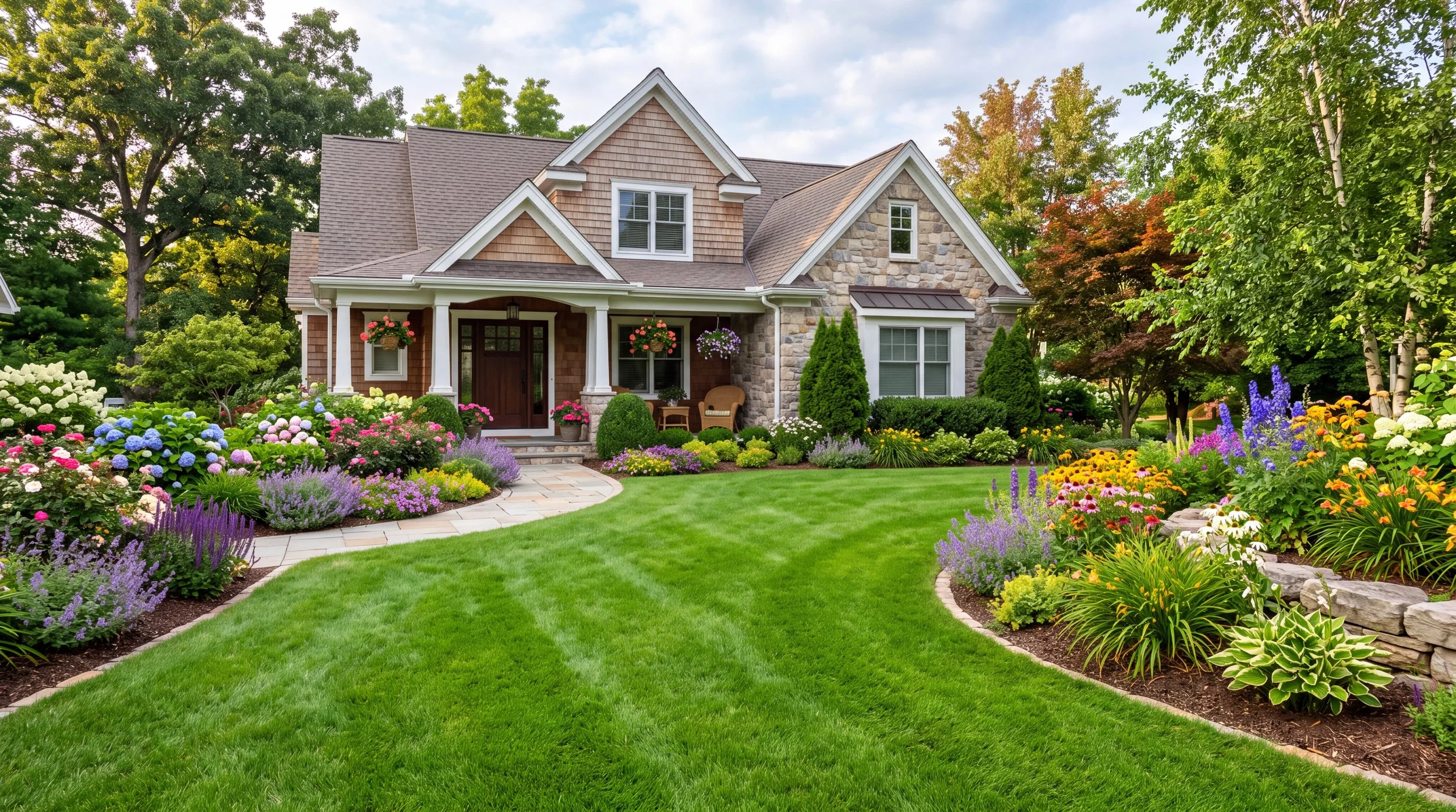 A beautiful house with a well-maintained front yard full of colorful flowers and lush green grass.
